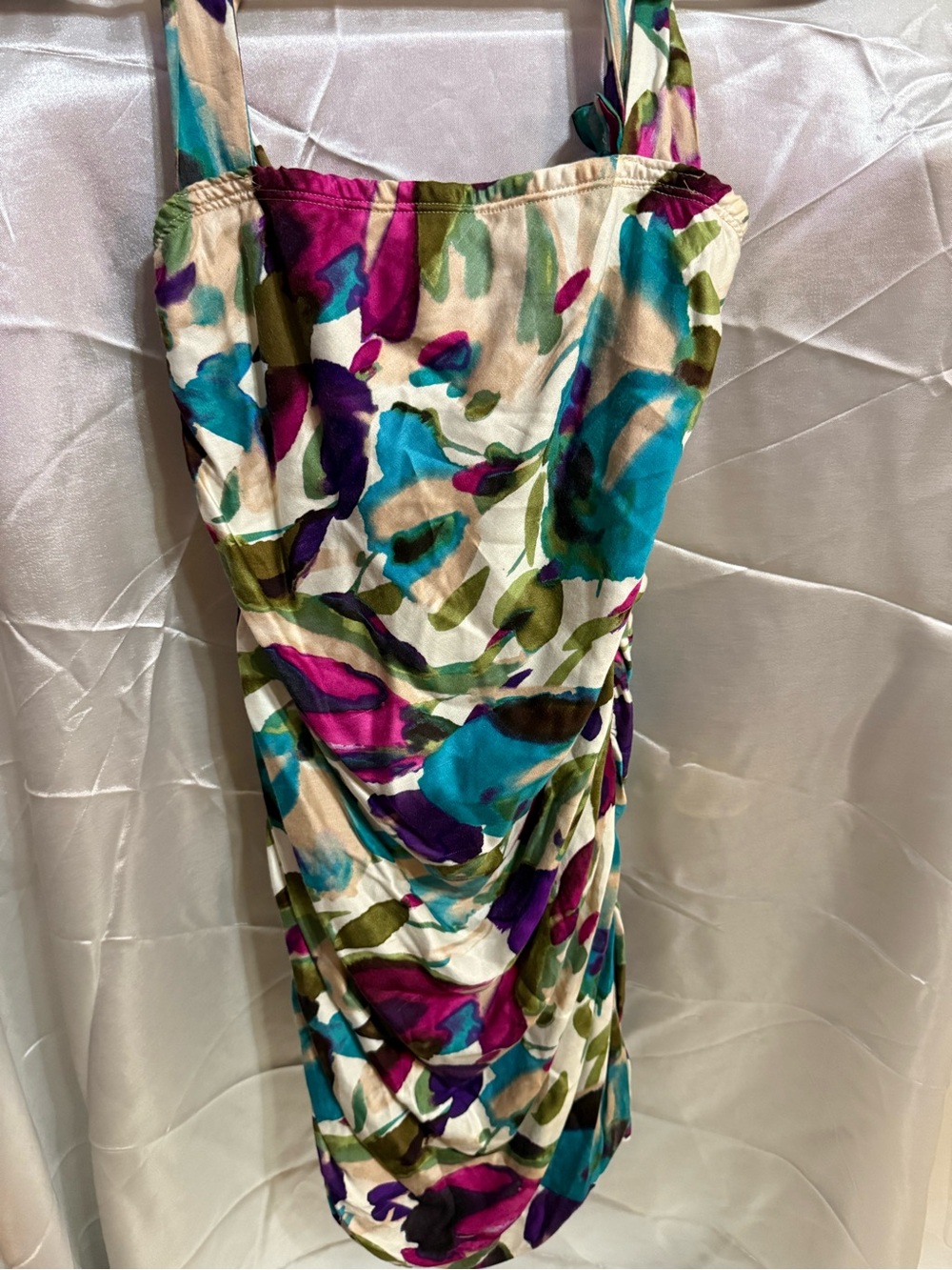 PURY Watercolor Floral Print Ruched Dress in Teal, Purple & Olive